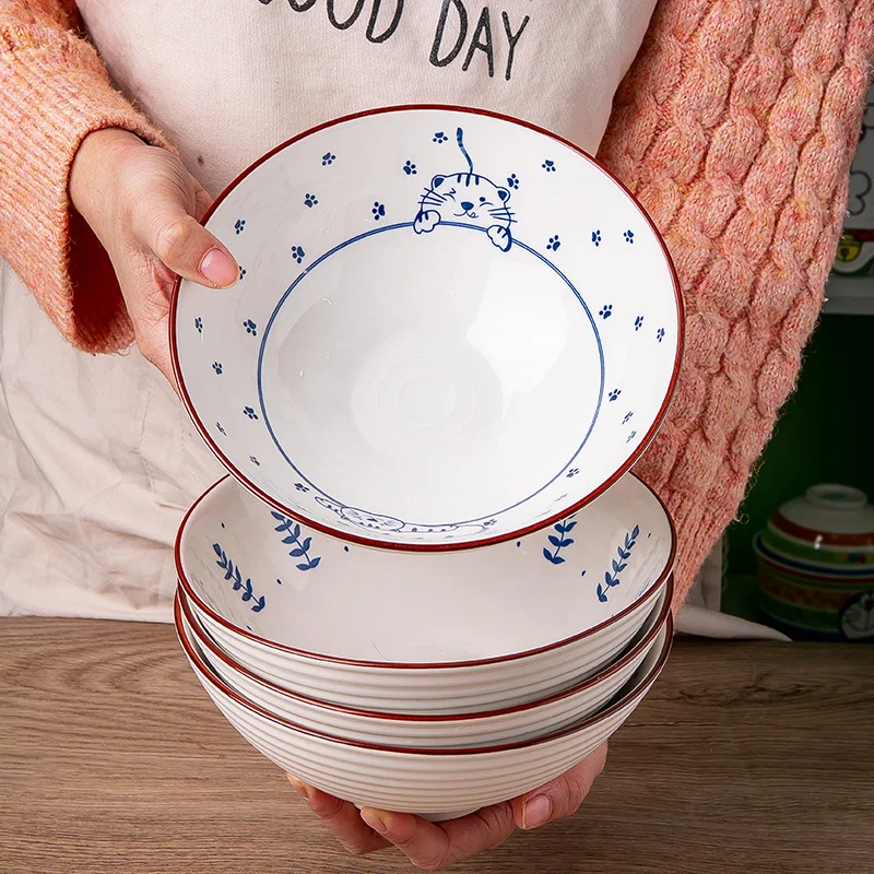 8 Inch Ceramic Ramen Bowl Big Salad Bowl Instant Noodles Bowl Cartoon Cat Fish Design Dinnerware Microwave Safe