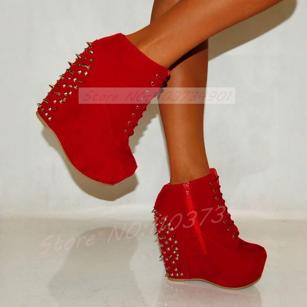 

Spiked Studs Red Round Toe Elevator Shoes Women Ankle Boots Lace-Up Suede Platform Wedge Heels Booties Zipper Gothic Street Punk