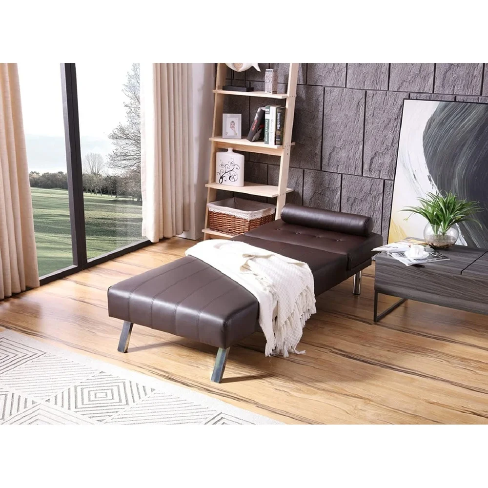 Convertible Chaise Lounge Adjustable Futon Sleeper Faux Leather Button Tufted Back Modern Design with Lumbar Support Pillow