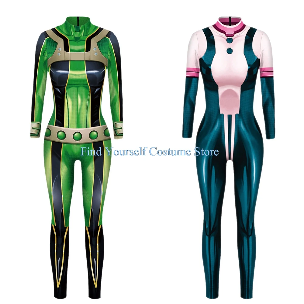 Anime My Hero Academia Ochaco Uraraka Asui Tsuyu Froppy Cosplay Costume Wig Tight Printing Jumpsuits Woman Sexy Carnival Suit