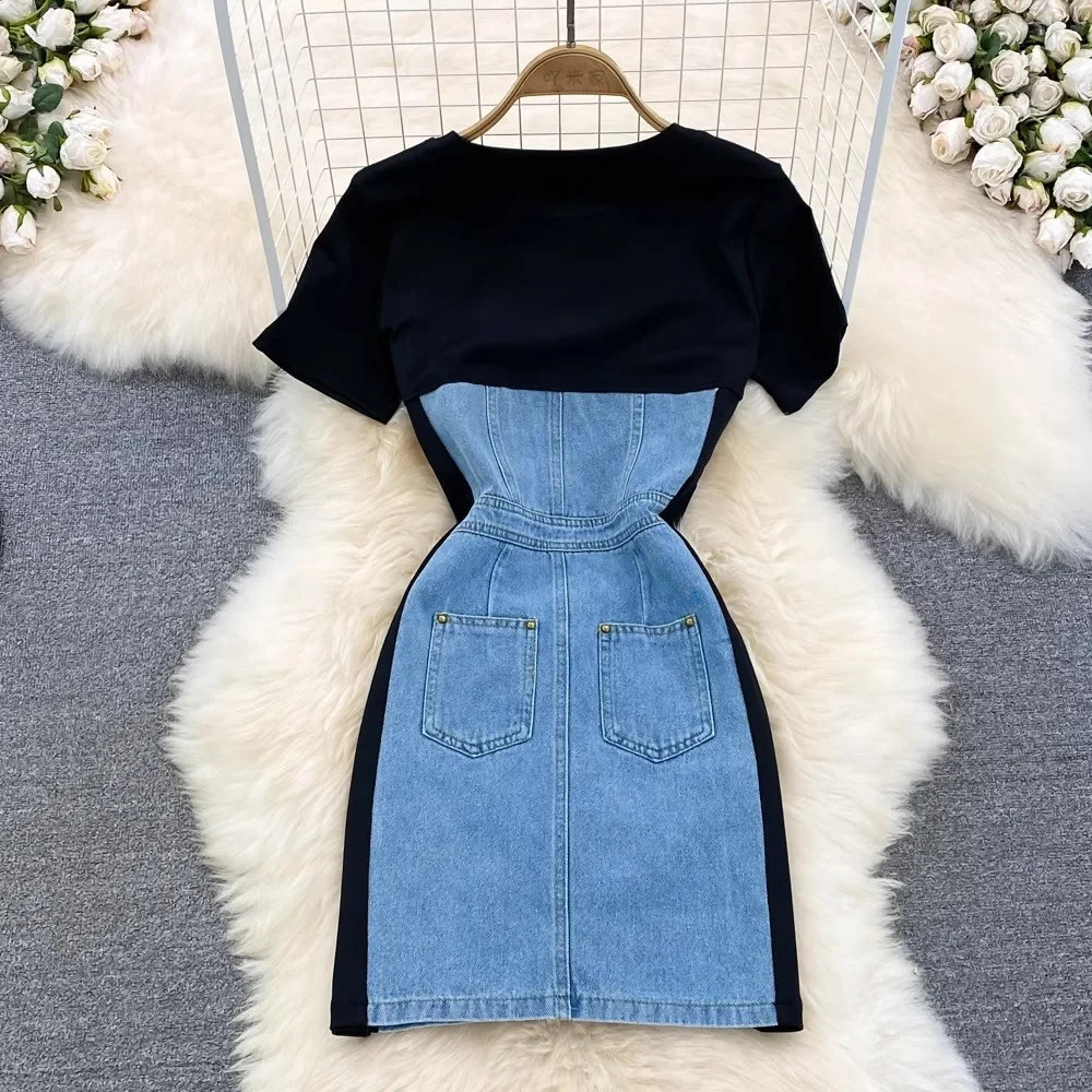 TWOTWINSTYLE Hit Color Patchwork Raw Denim Chic Dress For Women O Neck Short Sleeve High Waist Slimming Dress Female KDR522008