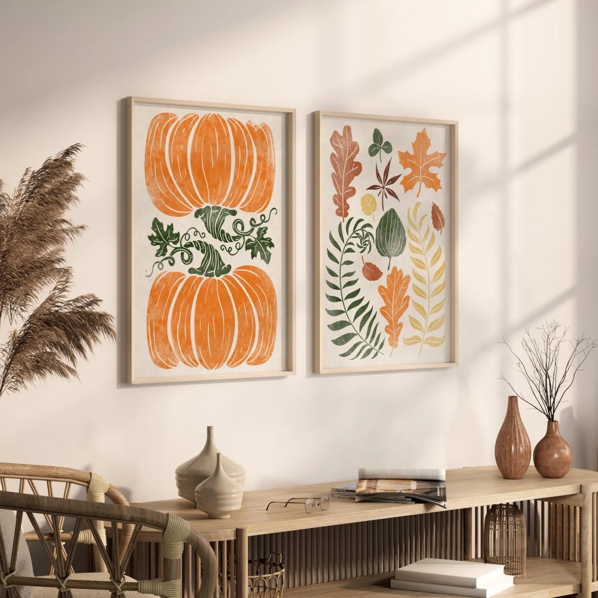 2pcs frameles,2pcs/set Autumn Pumpkin & Leaves Canvas Prints Poster Modern Cozy Thanksgiving Art Print Bedroom Fall Wall Art Hom