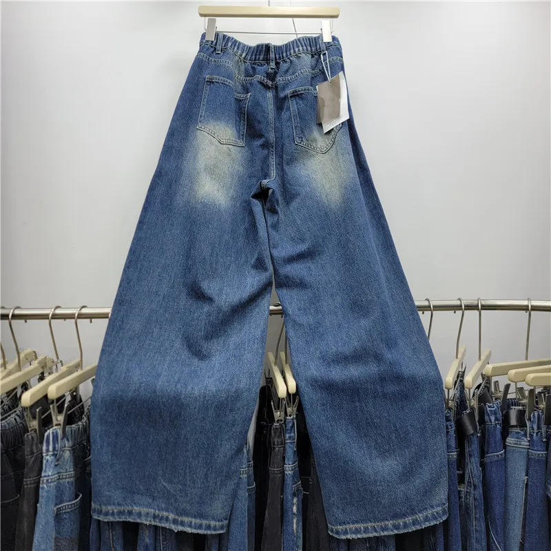 Fashionable New Autumn Faux Two-piece Wide Leg Women Denim Pants Hot Chick High Waist Floor-length Casual Straight Jeans 2026