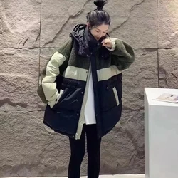 Puffer Jacket Women Hooded Down Coats Lambswool Patchwork Trend Outerwears Thickened Loose Warm Snow Short Winter Coat Female