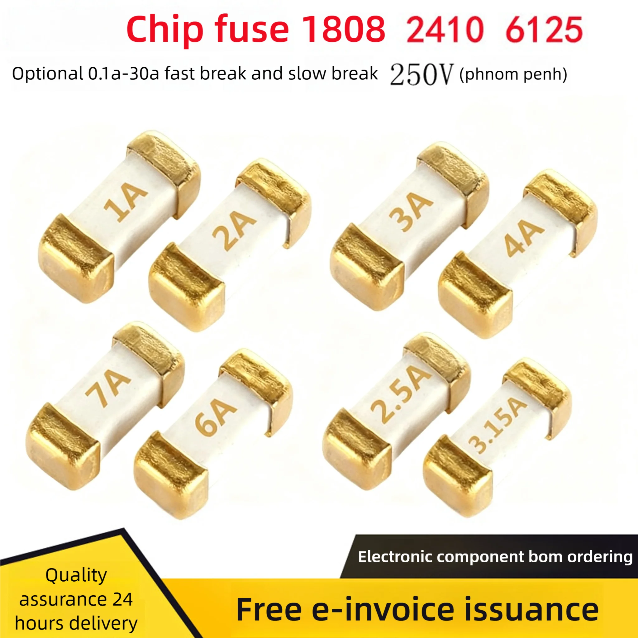 0,1 A-30 A Oberflächenmontagesicherung 1808 2410 6125 Fast Break Slow Break 250 V Goldrand, beständig gegen hohe Temperaturen von 290 Grad