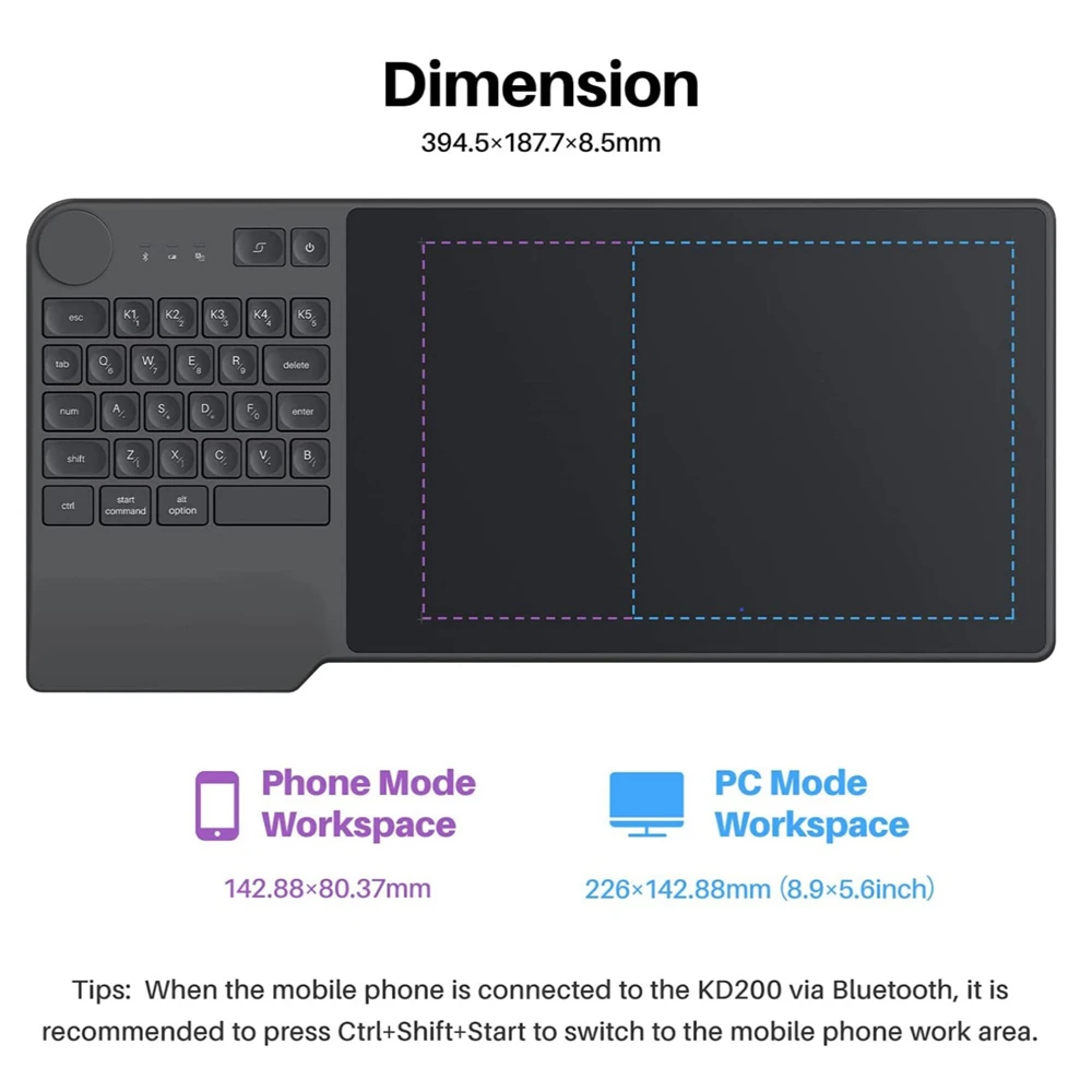 KD200 Inspiroy Keydial Wireless Graphics Tablet Drawing Tablet Bluetooth-compatible 5.0 Connection 23 Press Key Keyboard 8192