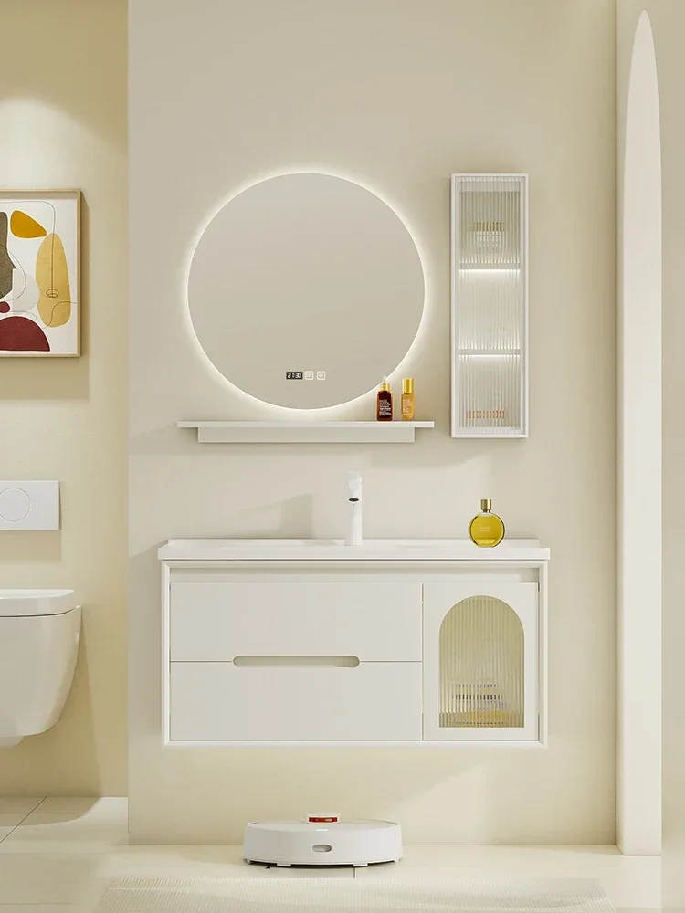 Rubber wood moisture-proof cream wind bathroom cabinet combination ceramic integrated basin face wash table