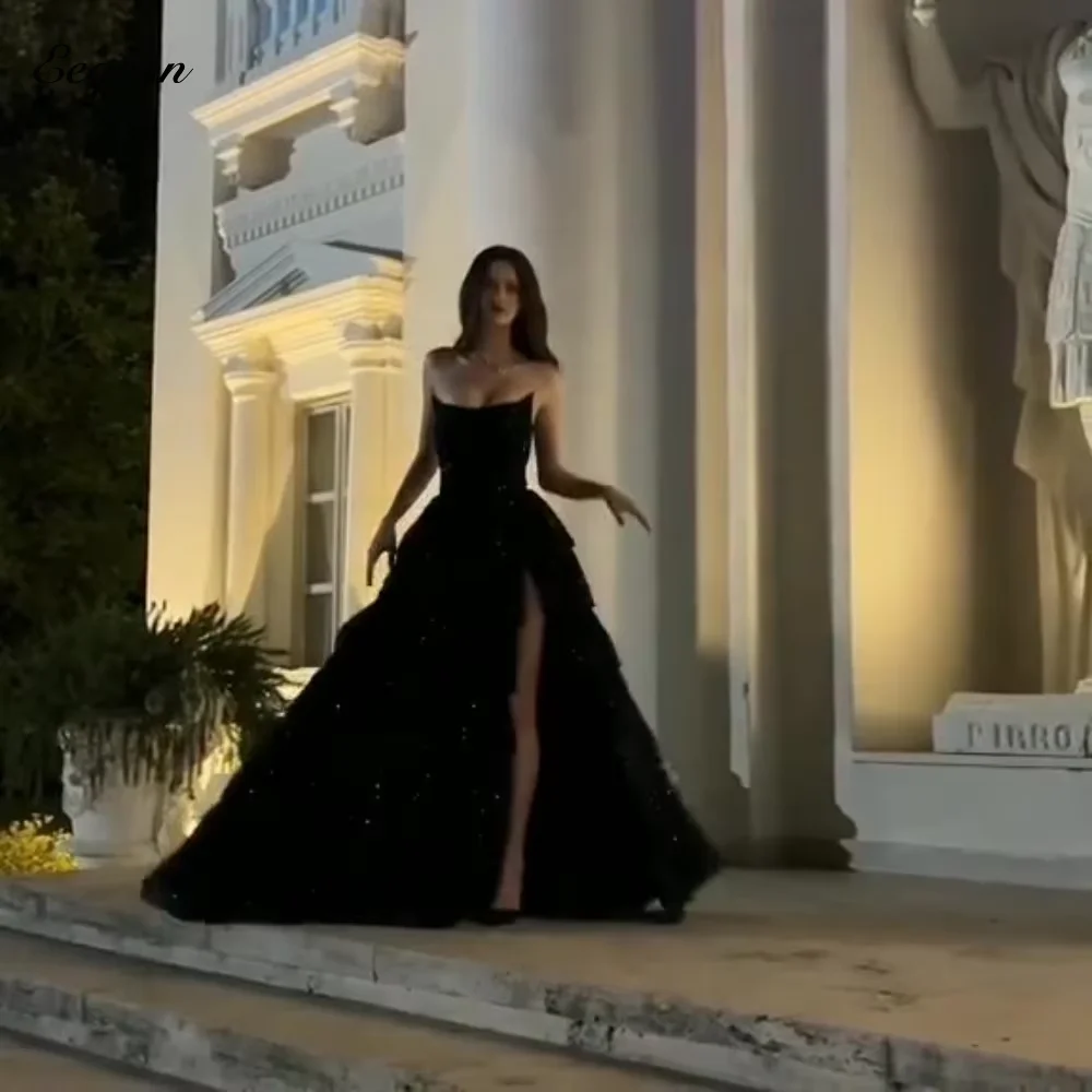 

Shiny Black Evening Dresses Multi-layer Formal Occasion Dress Long A Line Leg Slit Corset Party Vestidos De Fiesta Customized
