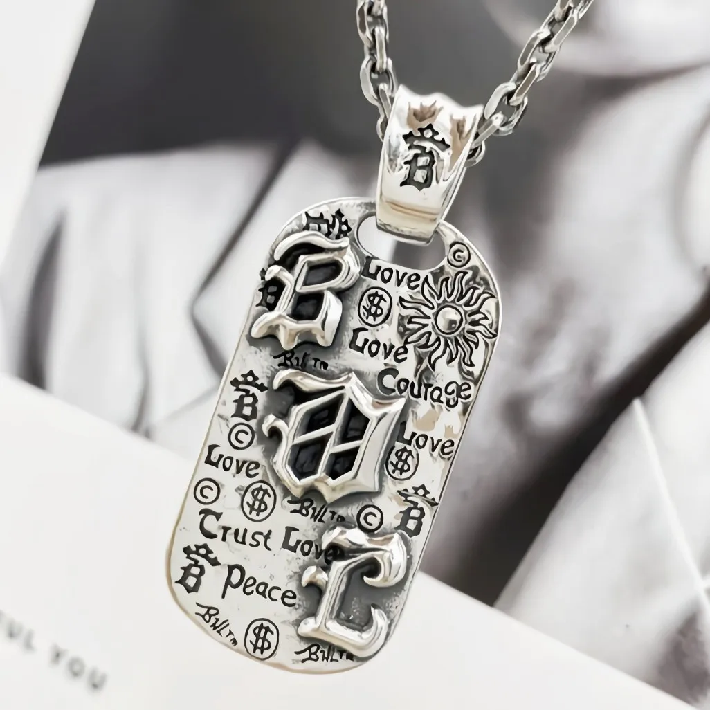 Personalized s925 sterling silver vintage graffiti pendant trendy men and women European hip hop fashion letters tag