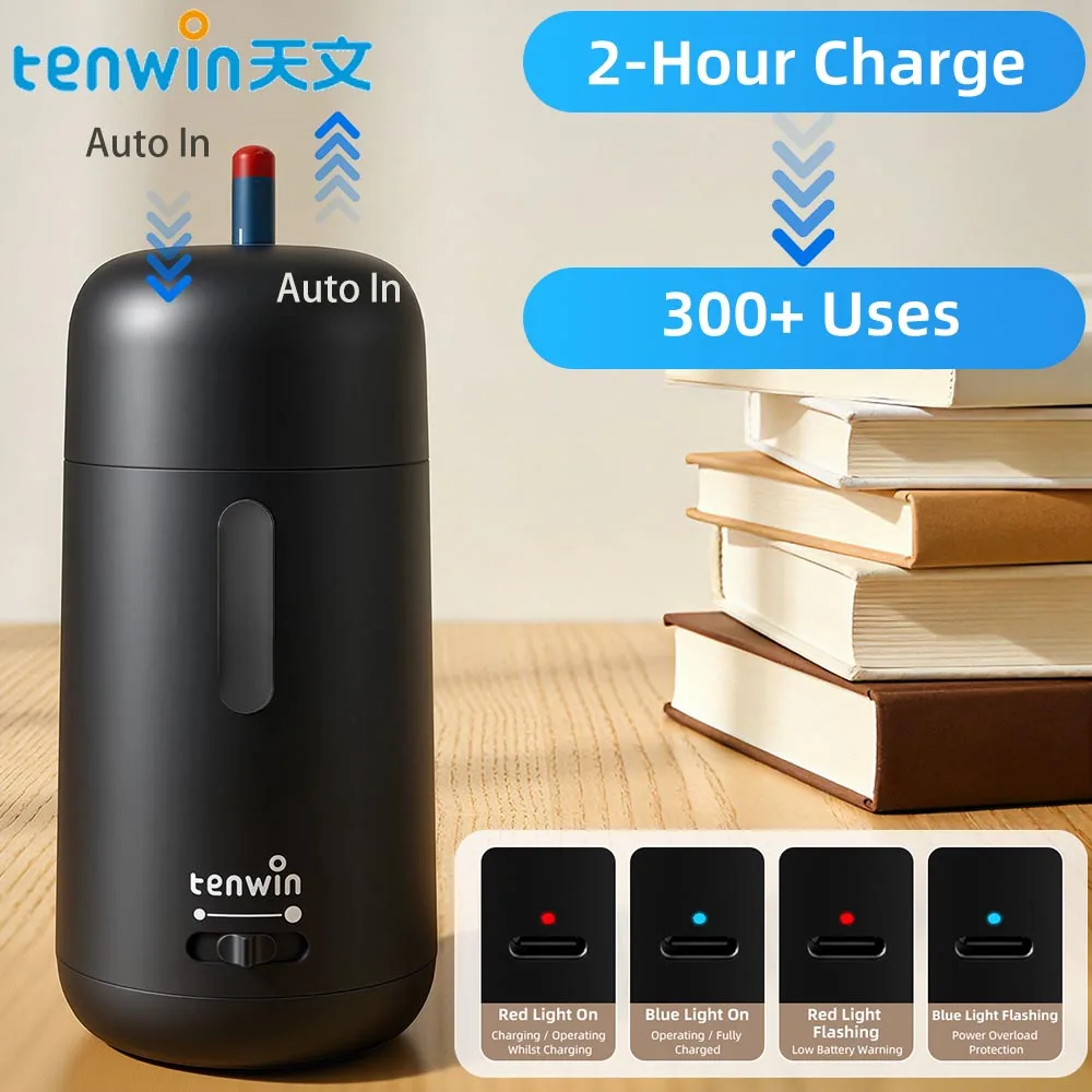 テンウィン全自動電動鉛筆削り-6-8mm鉛筆対応-充電式ハンズフリー鉛筆削り-色鉛筆用