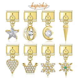 Hapiship 2024 New Fashion Women's Crown Star Heart CZ Italian Charms Links Fit 9mm Stainless Steel Bracelet DIY Jewelry DJ1284