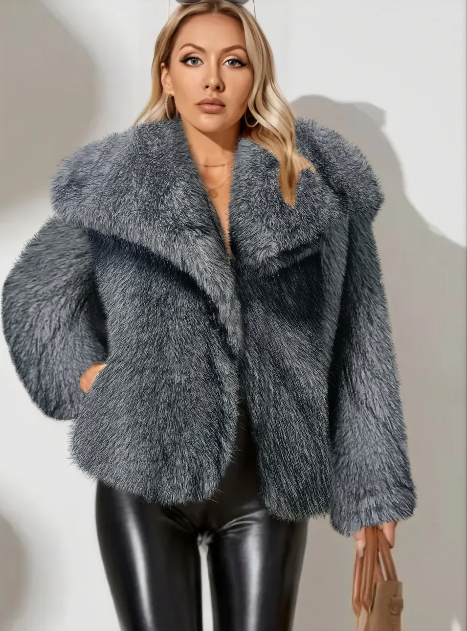 Women's Artificial Fur Coat with Large Lapel Short Fashionable Fox Fur Style Fluffy Plush Clothing for Ladies