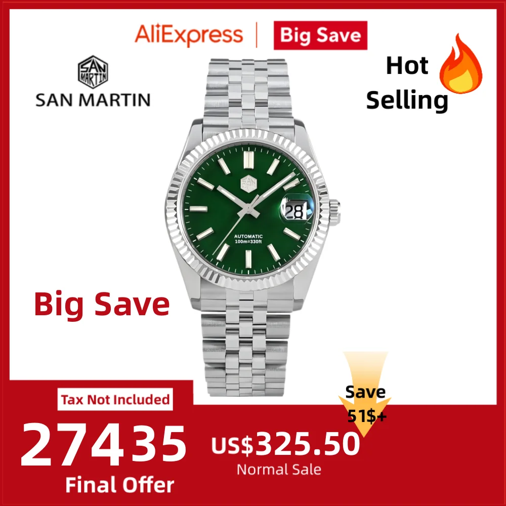 

Часы San Martin для мужчин, механические часы, водонепроницаемые наручные часы 36,5 мм, роскошные автоматические часы с датой, сапфировое стекло, 10 бар, SN0058x
