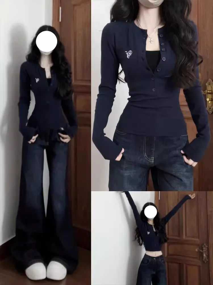 Korean Style Sexy Girl Shirt Women's Half Open Collar Regular-fit Button Y2k Spring & Summer Casual T-Shirt Slim Long Sleeve Top