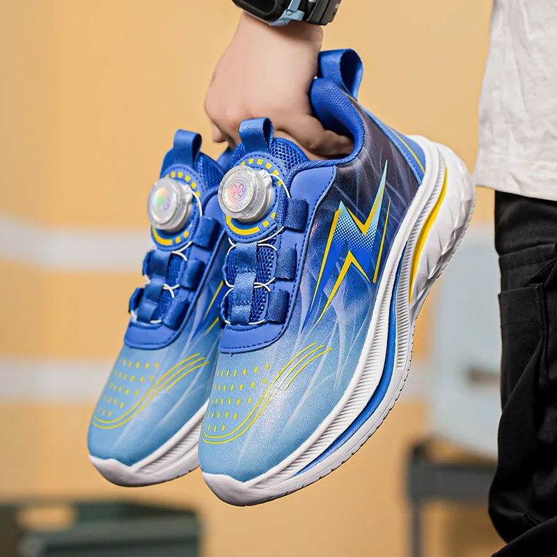 

2025 детская спортивная обувь, новые туфли на плоской подошве с вращающейся пряжкой и дышащей сеткой, уличные теннисные кроссовки для бега для мальчиков и девочек