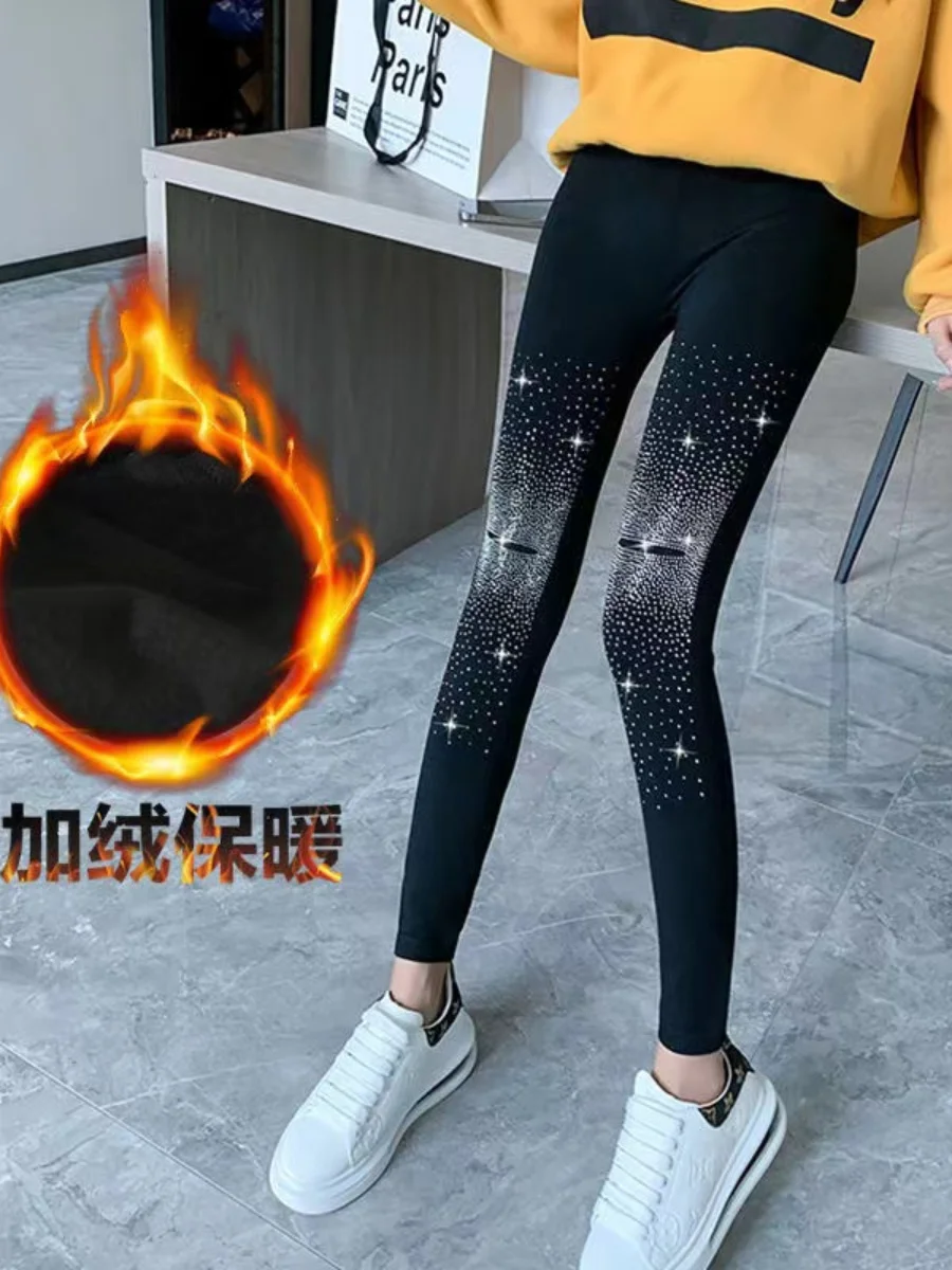 Autumn Winter 2023 Diamond Waist Women Fleece-Lined Warm High Slimming Stretch Rhinestone Black Leggings Trousers