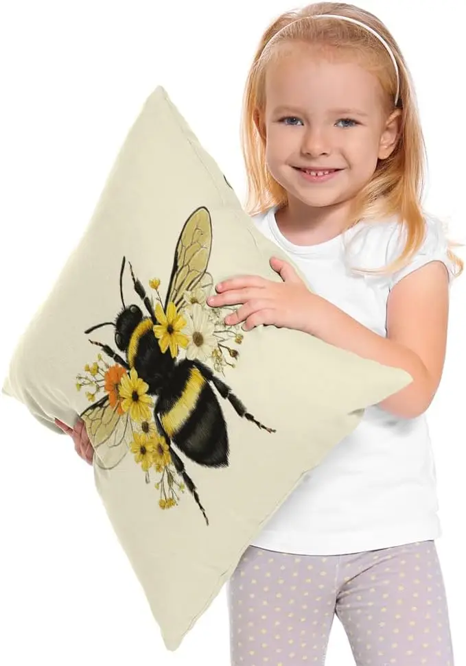 Animal Insect Bee with Wings Double Sided Throw Pillow Cover Yellow Flower Decorative Case for Couch Sofa Bed Home and Room