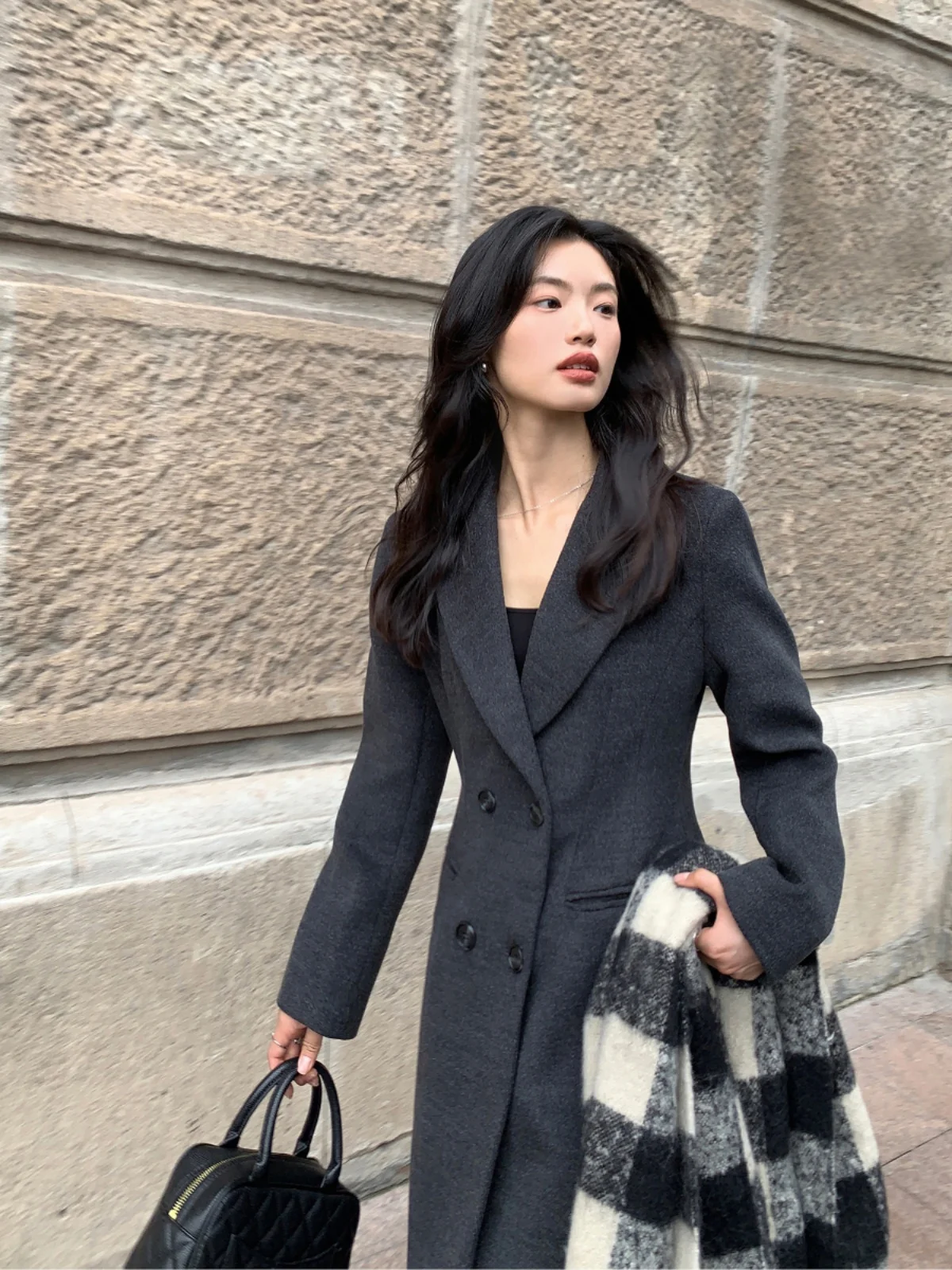 

Pusumede Korean Sle Bla Woolen Suit Coat Women's Mid-Length Jaet Autumn Winter Faion Ele Waist-Cinching Coat