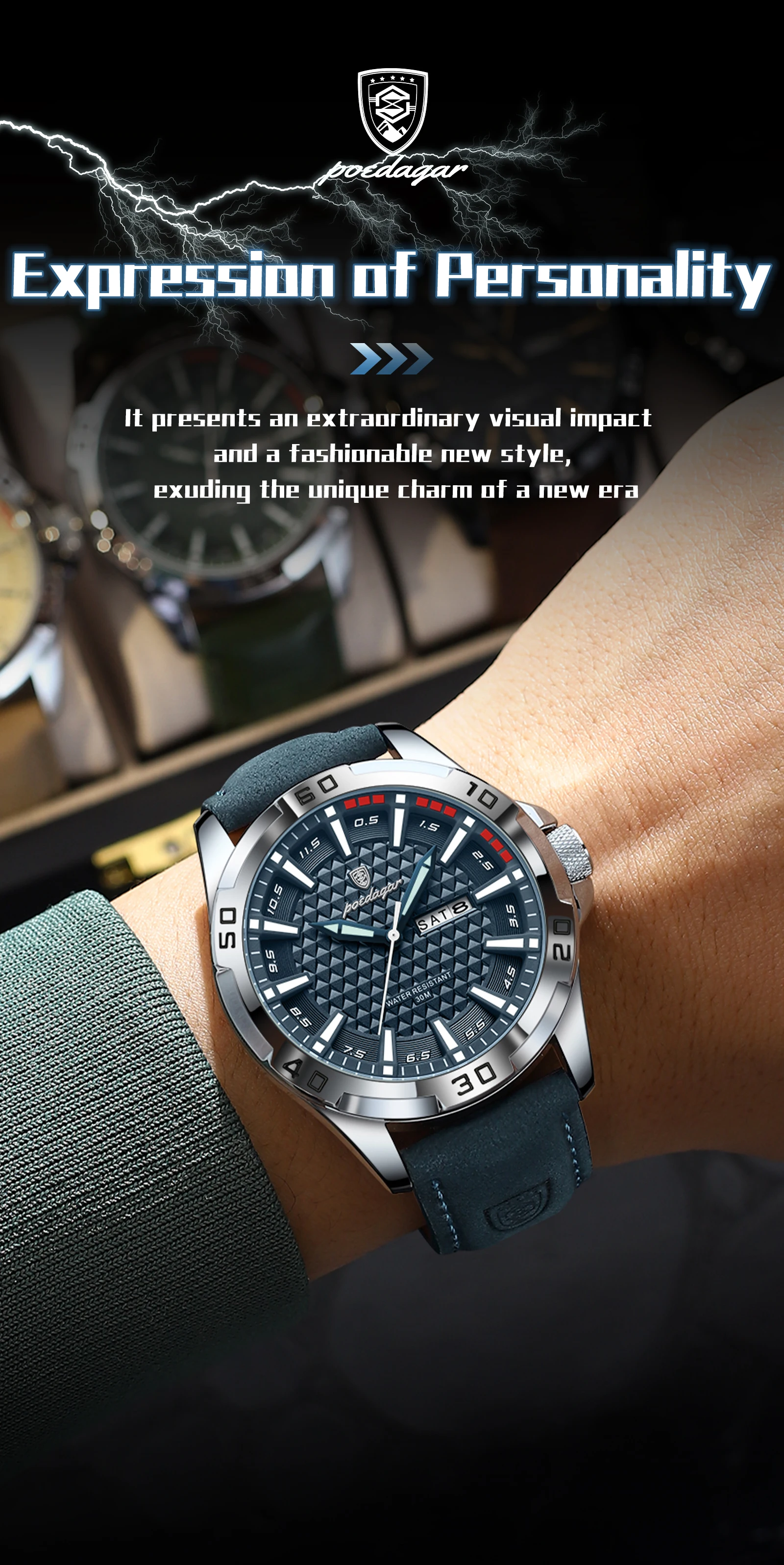 POEDAGAR Original Männer Uhr Luxus Wasserdicht Leucht Datum Woche Uhr Für Mann Quarz Leder Mode herren Uhren Reloj Hombre – Detail 6