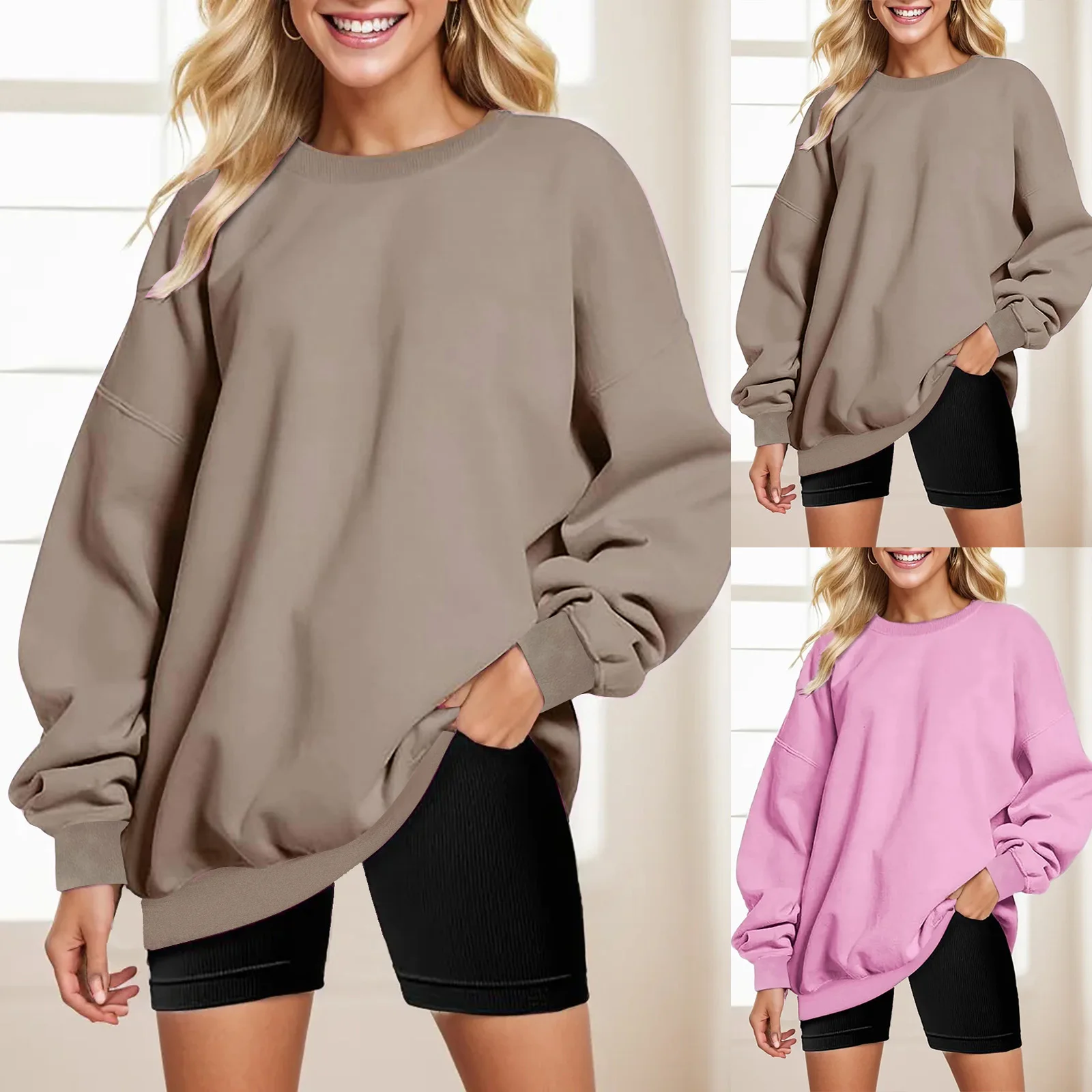 

Womens Autumn And Winter Loose Top Solid Color Shoulder Sleeve Pullover Sweatshirt Sweater Fleece Sweatshirt Hoodies Women