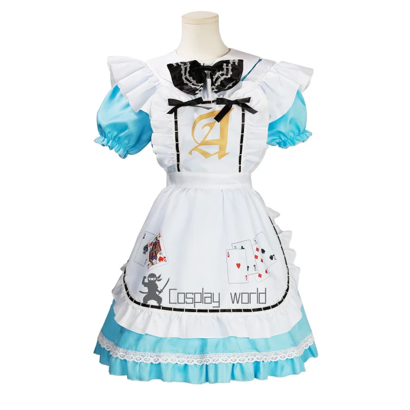 할로윈 여성 성인 애니메이션 앨리스 어드벤처 블루 파티 드레스 앨리스 카드 놀이 메이드 복장 로리타 코스프레 의상
