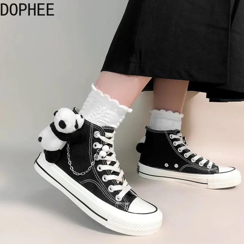 Personalized Panda Decoration Chains Y2k Women's Canvas Shoes Black Couple High Top Shoes Round Toe Students Casual Duck Shoes