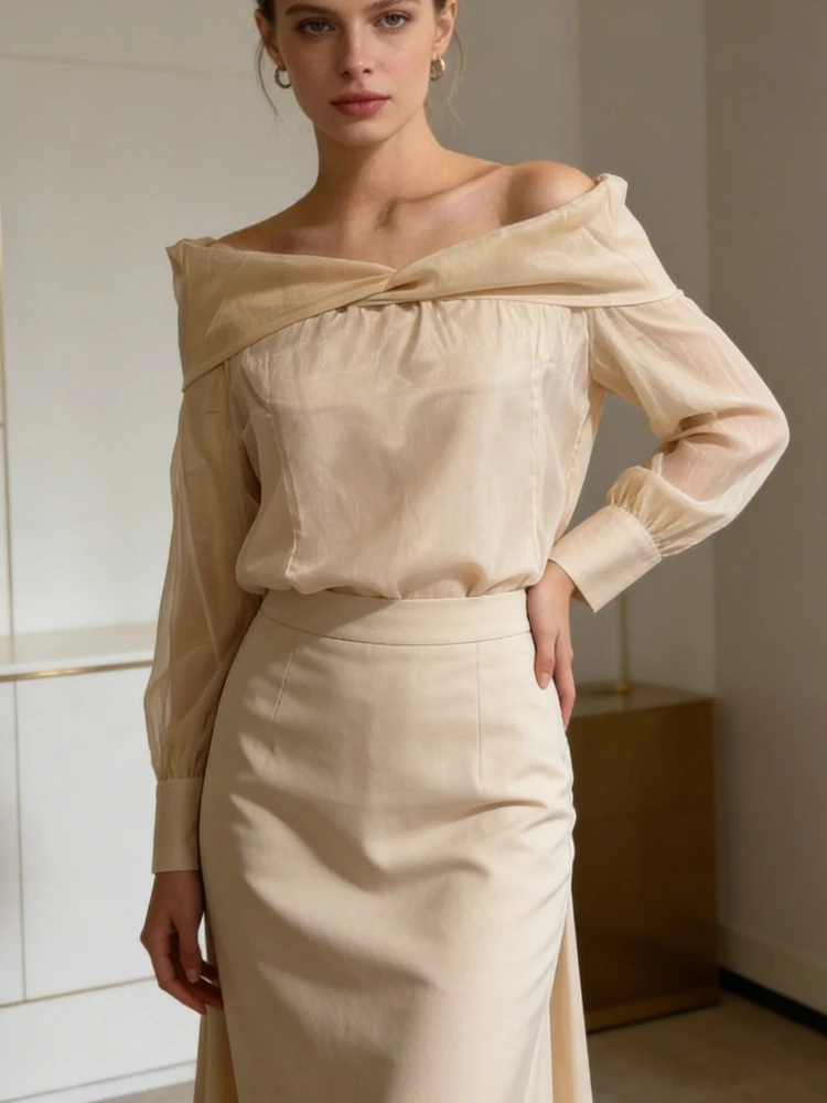 

Vintage Party Blouse Spring Elegant Solid Off Shoulder Blouse Long Sleeve Casual Top Korean Style Sweet Mesh Women's Clothing