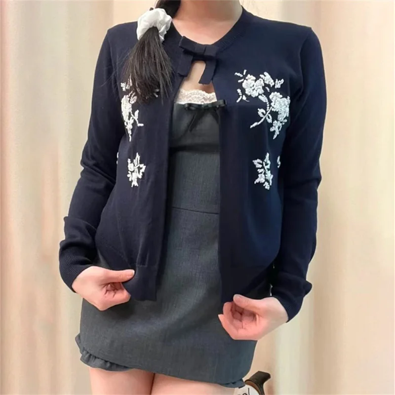 cardigan women New autumn 2024 Handmade flower bead women's long sleeved top Cashmere blend Women's sweater y2k Elastic Knitwear