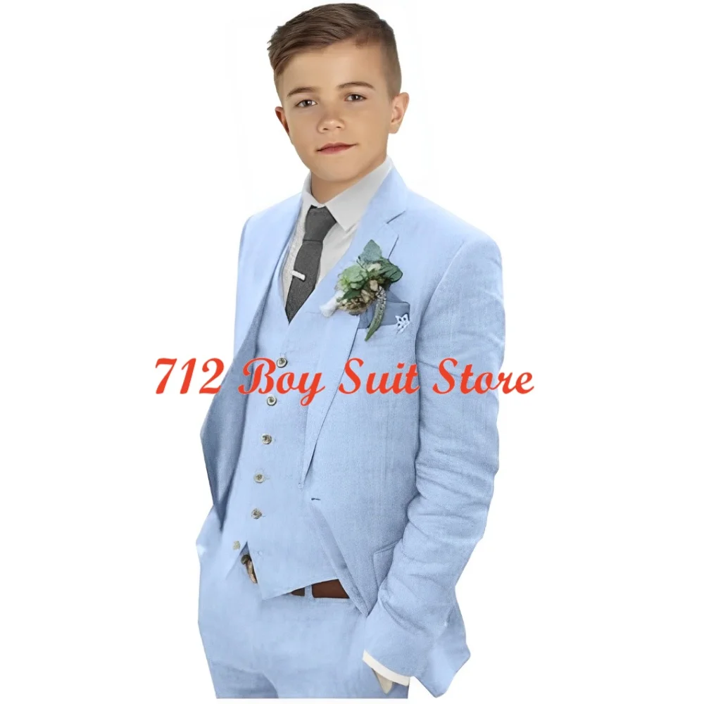 Boy's Linen 3-piece Suit Slim Fit Notch Lapel Jacket Formal Blazer Vest Pant Set Kid's Summer Seaside Wedding Suits