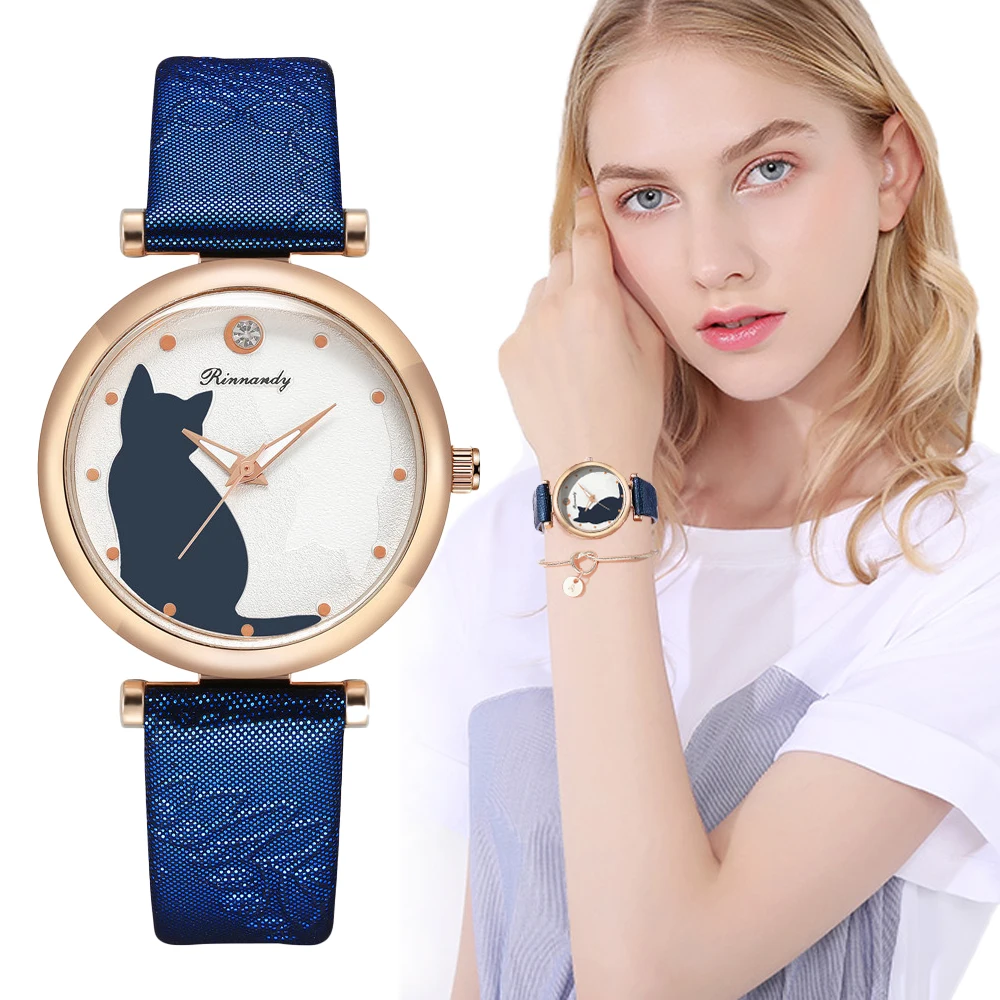 Women Fashion Blue Watch Quartz Leather Ladies Wristwatches 2022 Luxury Brand Simple Kittens Dial Woman Clock Montre Femme