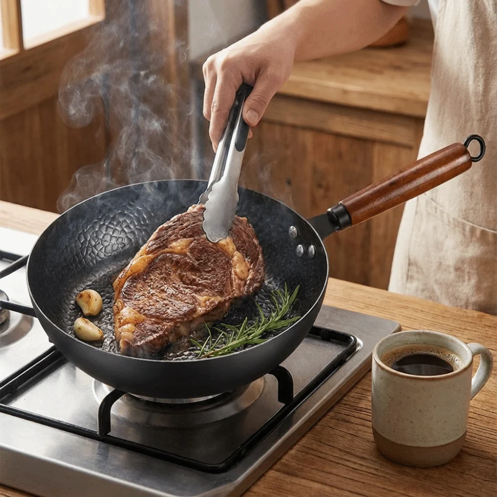 

Thickened Hand Forged Cast Iron Pan Wooden Handle Non Stick Frying Pan Uncoated Kitchen Tools Hammered Iron Wok Restaurant