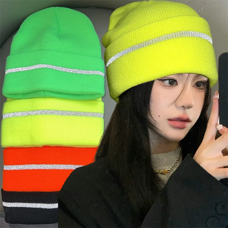 

Winter Warm Outdoor Hiking Camping Knitted Hat Unisex Candy Color Safety Night Cycling Running Ski Bonnet Cap Hip Hop Beanie Cap