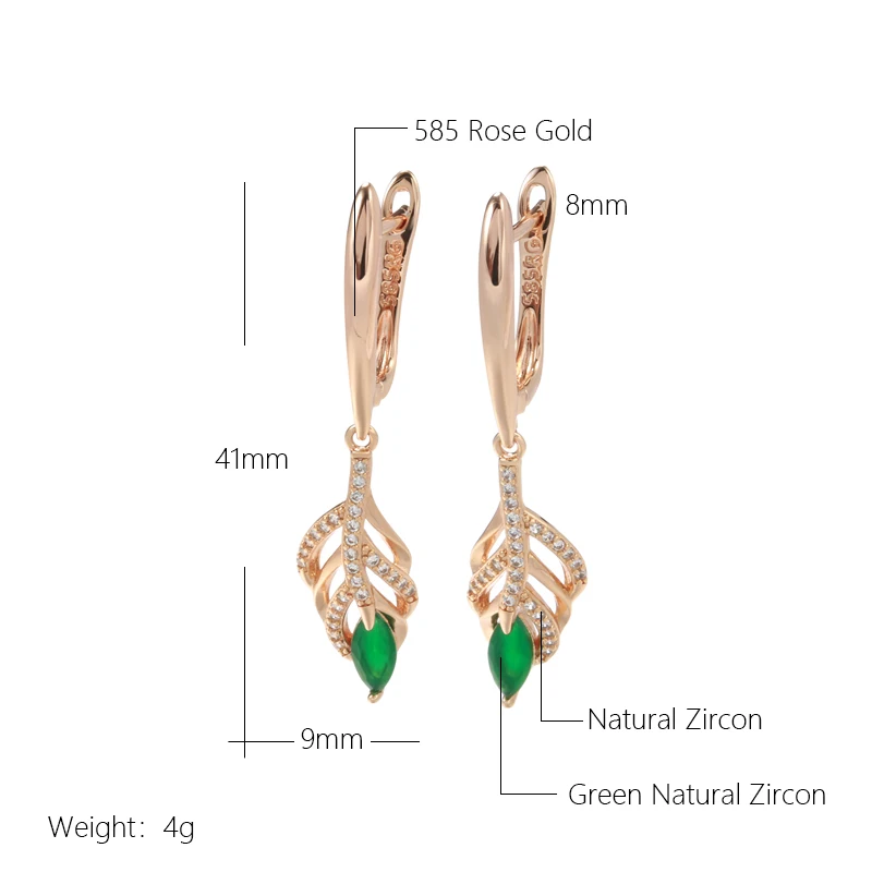 Luxury Geometric Hollow Tassel Green Zircon Women's Dangle Earrings 585 Gold Clip Earrings Wedding Party Fashion Fine Jewelry