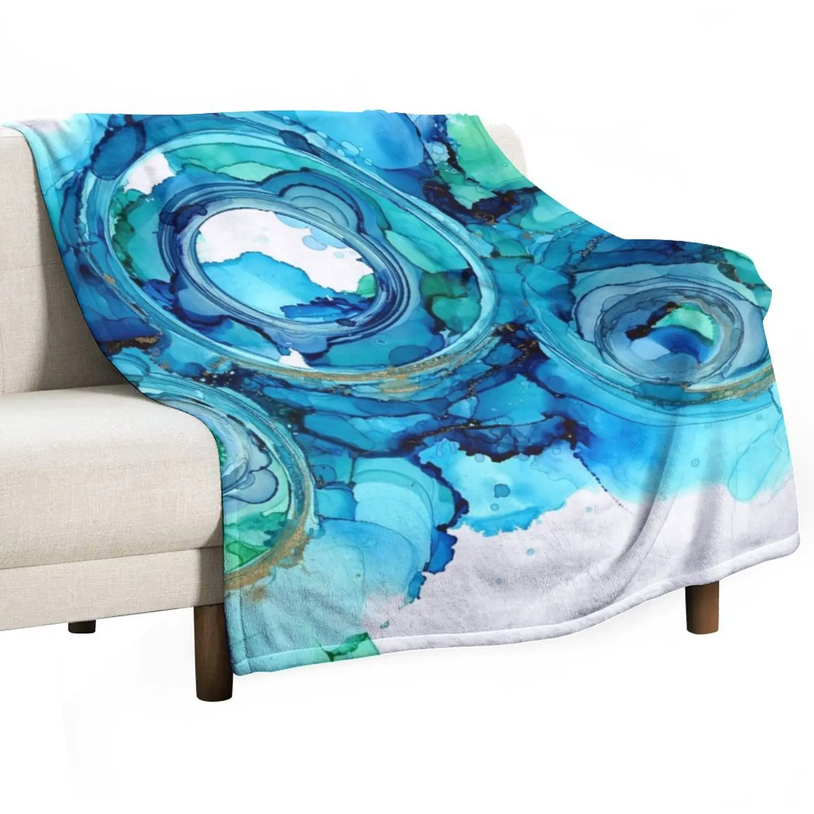 

Bright Blue, Turquoise and Gold Alcohol Ink Rings Throw Blanket Hairys Giant Sofa Decorative Sofas halloween Blankets