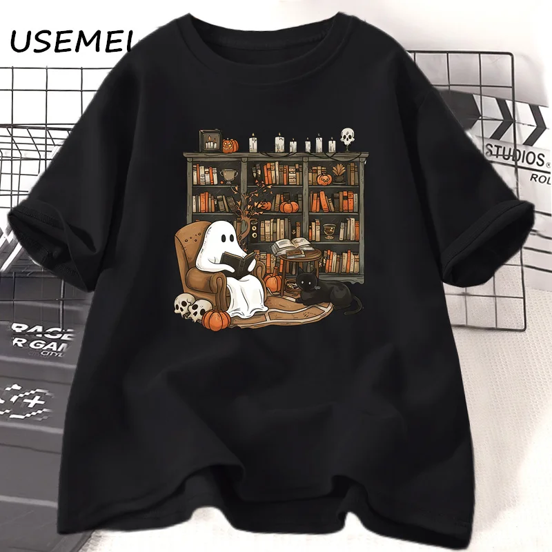 Retro Ghost Reading Books Librarian T-shirt Halloween Teacher Tshirt Women Cotton Boo School T Shirt Streetwear Women\'s Clothing