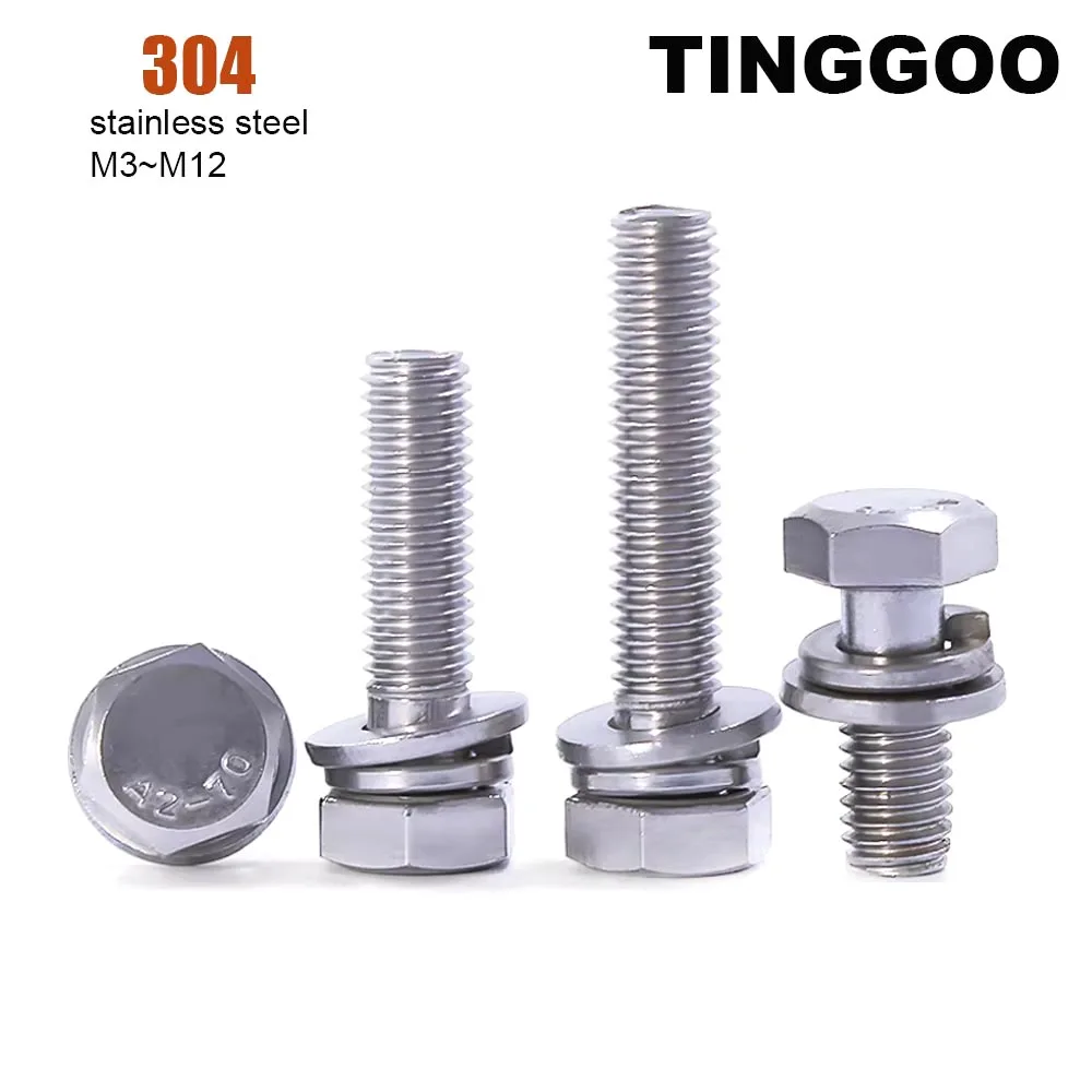 1/20pcs M3 M4 M5 M6 M8 M10 M12 304 Stainless Steel External Hex Hexagon Head SEMS Screw Flat Washer Spring Gasket Assemble Bolt