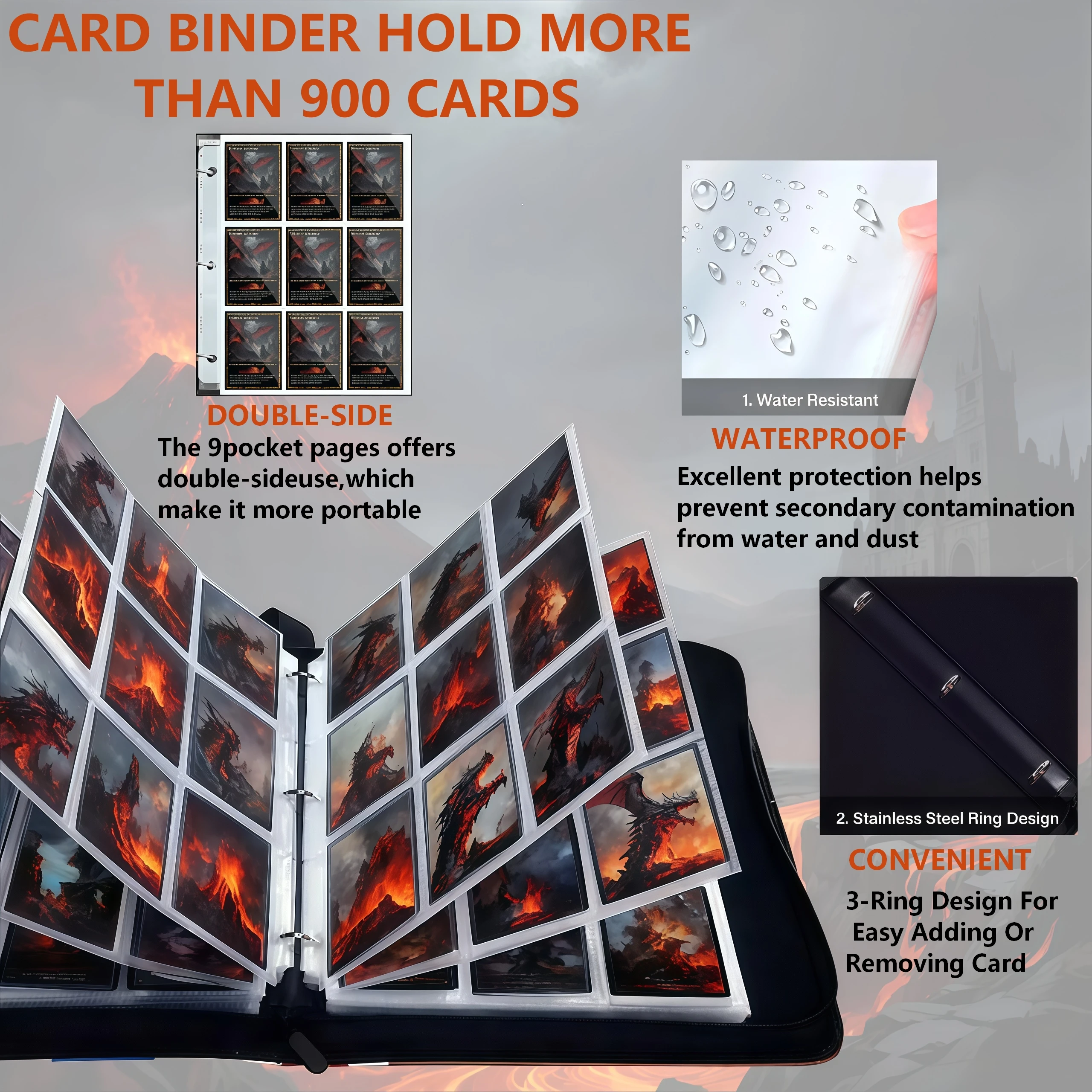 حافظة بطاقات محمولة مكونة من 9 جيوب لبطاقات التداول Tcg، مناسبة لبطاقات Tcg/Ptcg/Ygo، أكمام بطاقات شفافة على الوجهين، مقاومة للماء، يمكن أن تحمل 900 بطاقة، ثلاثية المحاربين: أسود - Dragon Battle Lava، هدية عيد الميلاد، هدية عيد الميلاد