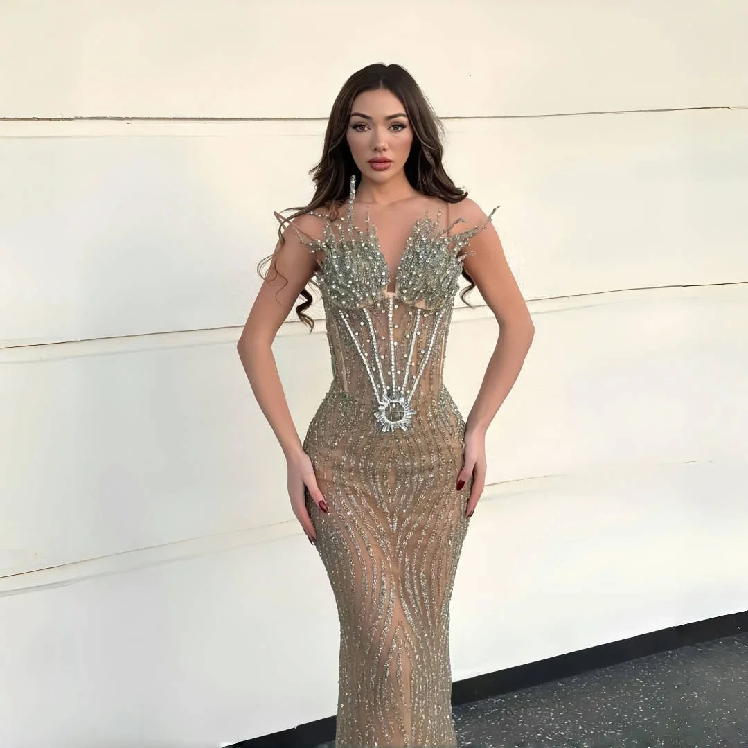 Customized Exquisite Evening Dresses Strapless Floor Length Mermaid Prom Gowns Crystals Beading Birthday Party Dresses