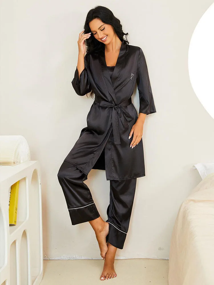 3Pcs Pajamas For Women Sexy Suspenders Long Sleeves Pants Ladies Home Nightgown Spring Fall Printed Cardigan Lace-up Sleepwear