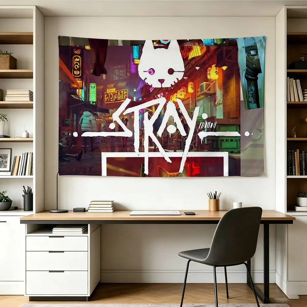 Cyberpunk Game S-Stray C-Cat   Flags Wall Hanging Background Art Banner for Bedroom Home Outdoor Decor
