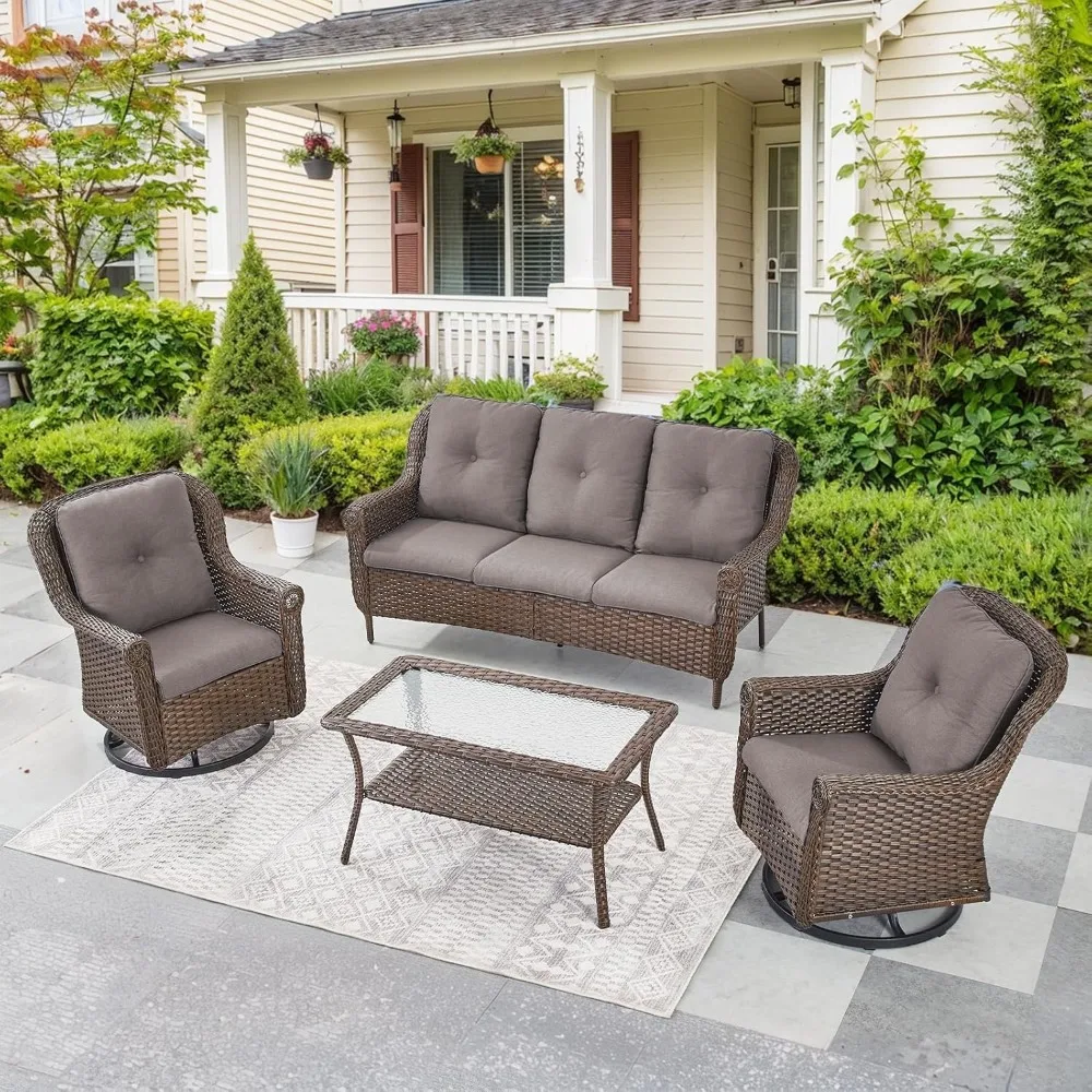 

Patio Furniture Set 4PCS Conversation Set 2 Swivel Glider Chairs with Rattan Sofa Glass-Top Coffee Table, Customized