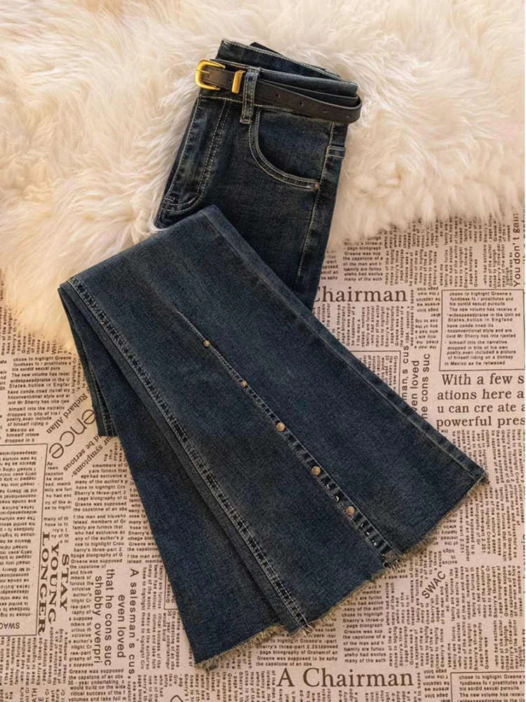 Women's High Waisted Jeans Korean Frayed Edges Slim Fit Slightly Flared Long Pants 2025 Spring Summer New Buckle Design Trouser