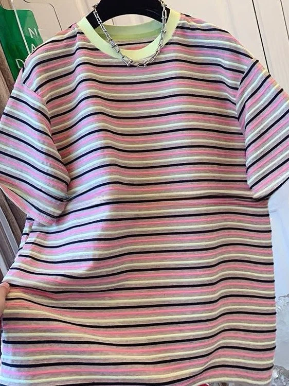 Nouveau grande taille ample rayé couleur Blo ort Sve T-irt femmes confortable respirant coréen Sle haut décontracté