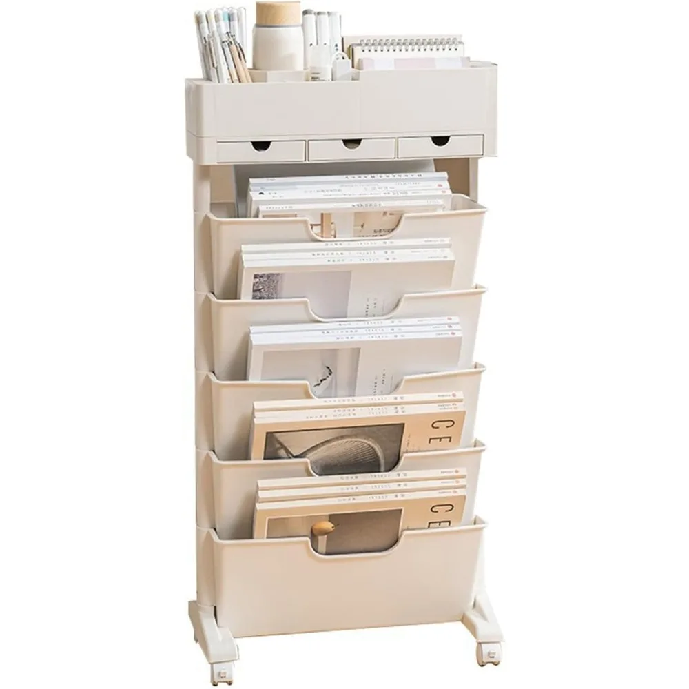 

6 Tier Rolling Cart,Open Bookcase and Bookshelf,Mobile Bookshelf with Wheels 3 Drawer,Storage Shelving Display Shelves