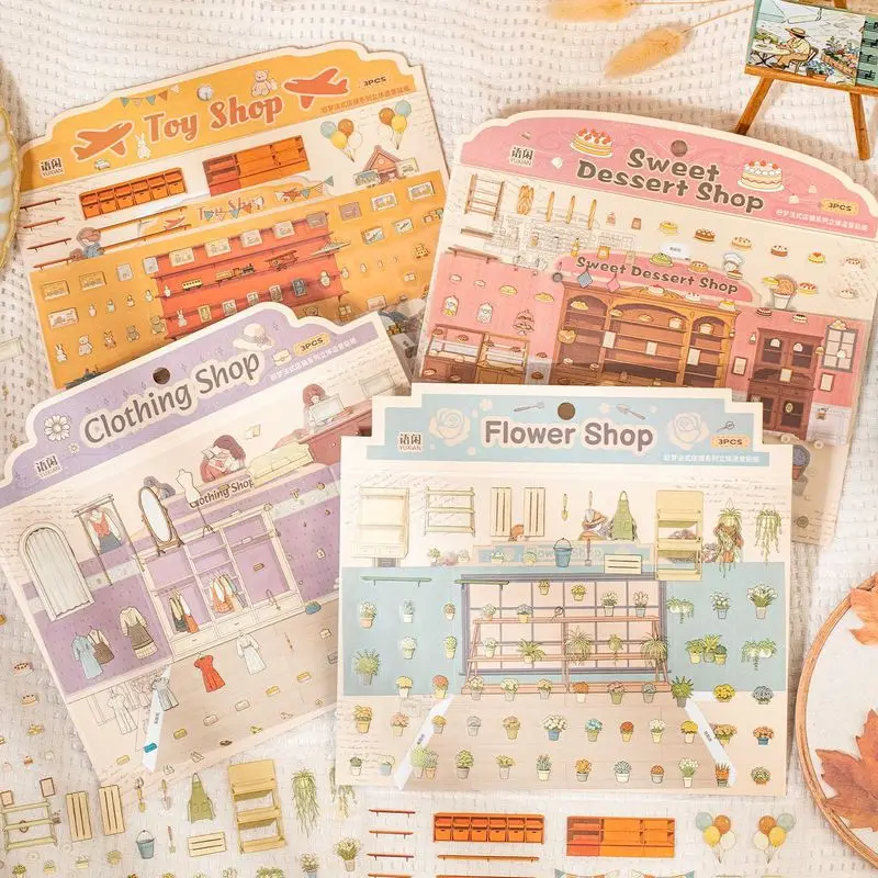 3Pcs Old Dream French‑Style Store PET Scene Stickers, Mini Shop Landscape Building Decals for Journal Collage Supplies