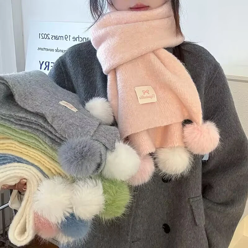 

Модный милый двухцветный меховой шарик, имитирующий кашемировый шарф, женский осенне-зимний мягкий комфортный вязаный шейный платок, подарок для девочки