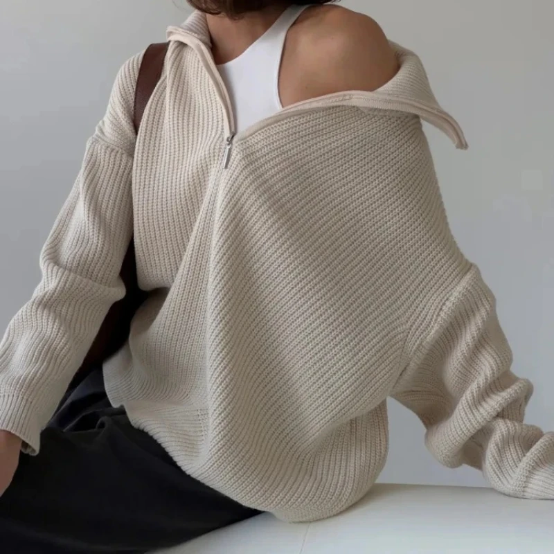 Oversized Knitted Sweater Women Loose Lapel Casual Pullover Zippers Korean Fashion Autumn 2025 Jumper Knitwear