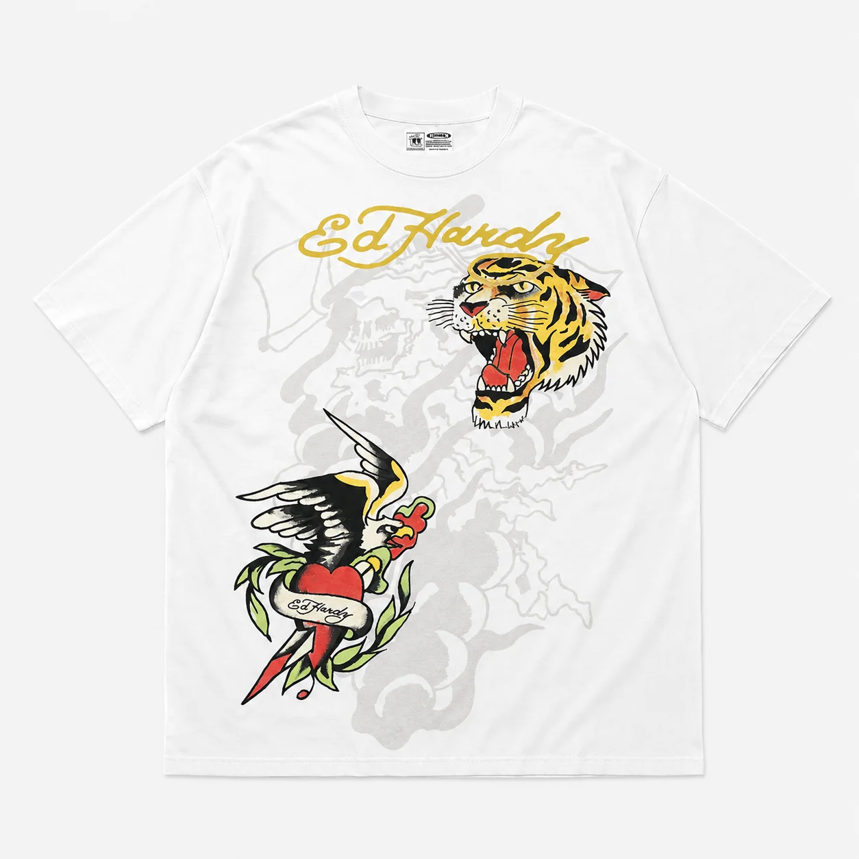 Ed Hardy Unisex Oversized Tiger Head Swallow Heart Tattoo Print Cotton T-Shirt Harajuku Streetwear Summer Graphic Tee