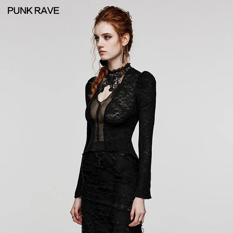 PUNK RAVE Women's Gothic Elastic Lace Mesh Delicate Standing Collar Rose Shirt Sexy Casual Black Tees Tops Women Clothing