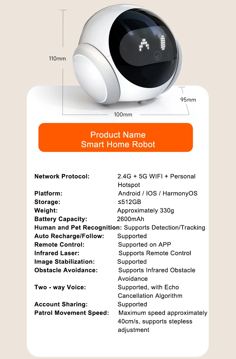 Child Care Robot | Home Monitoring Camera & Pet/Elderly Companion | 2-Way Audio, APP Remote Control | Max 512GB SD Card Support